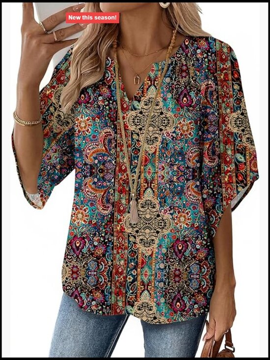 Tops - 3/4 Sleeve V Neck Bohemian Blouses Casual Loose Fit Tunic Boho Shirt Floral